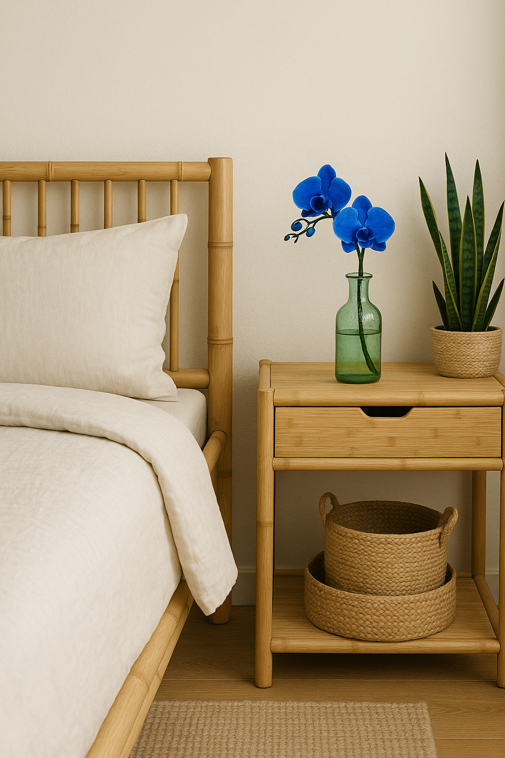 A modern eco-styled bedroom with bamboo furniture, recycled jute storage baskets, and a single blue orchid in a recycled-glass vase on the bedside table.